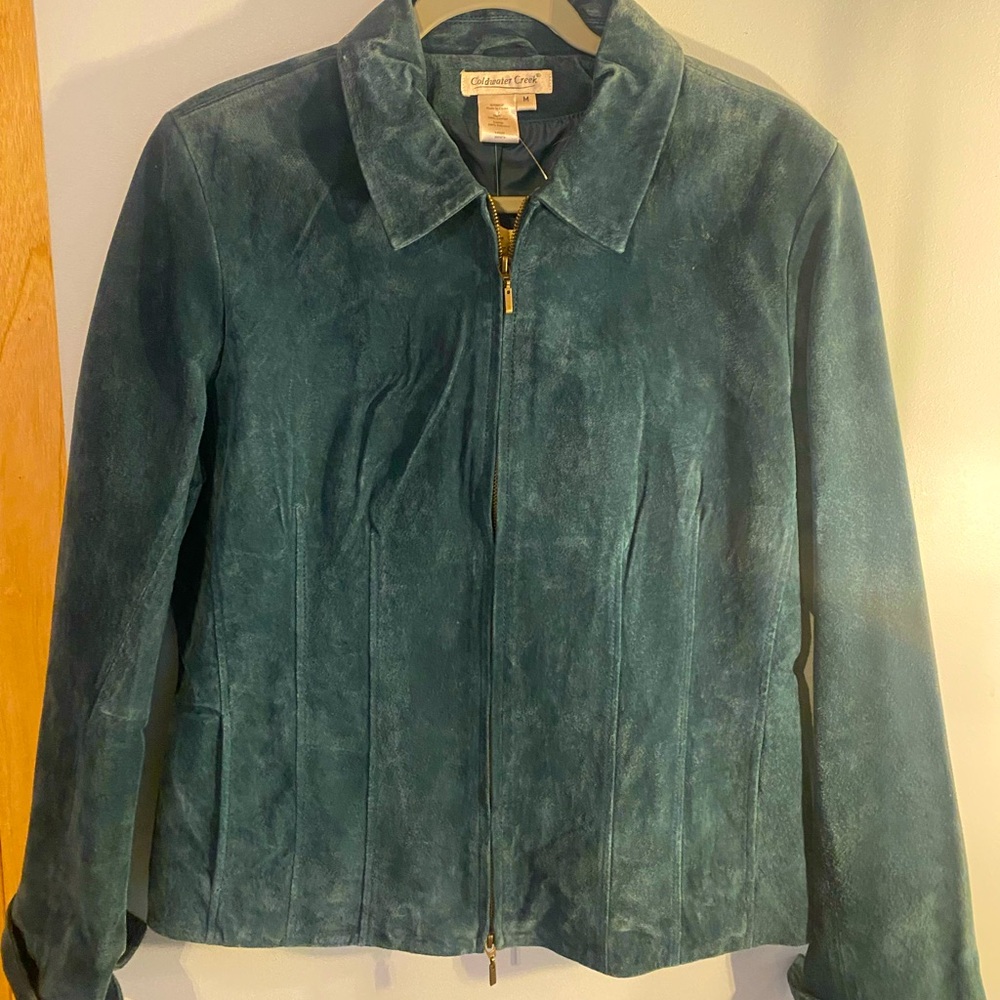 Coldwater Creek Women’s Teal 100% Leather Shell Zip Jacket, Sise M, NWT
